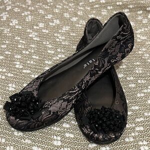 David Tate Black Lace Flats with Beaded Bow